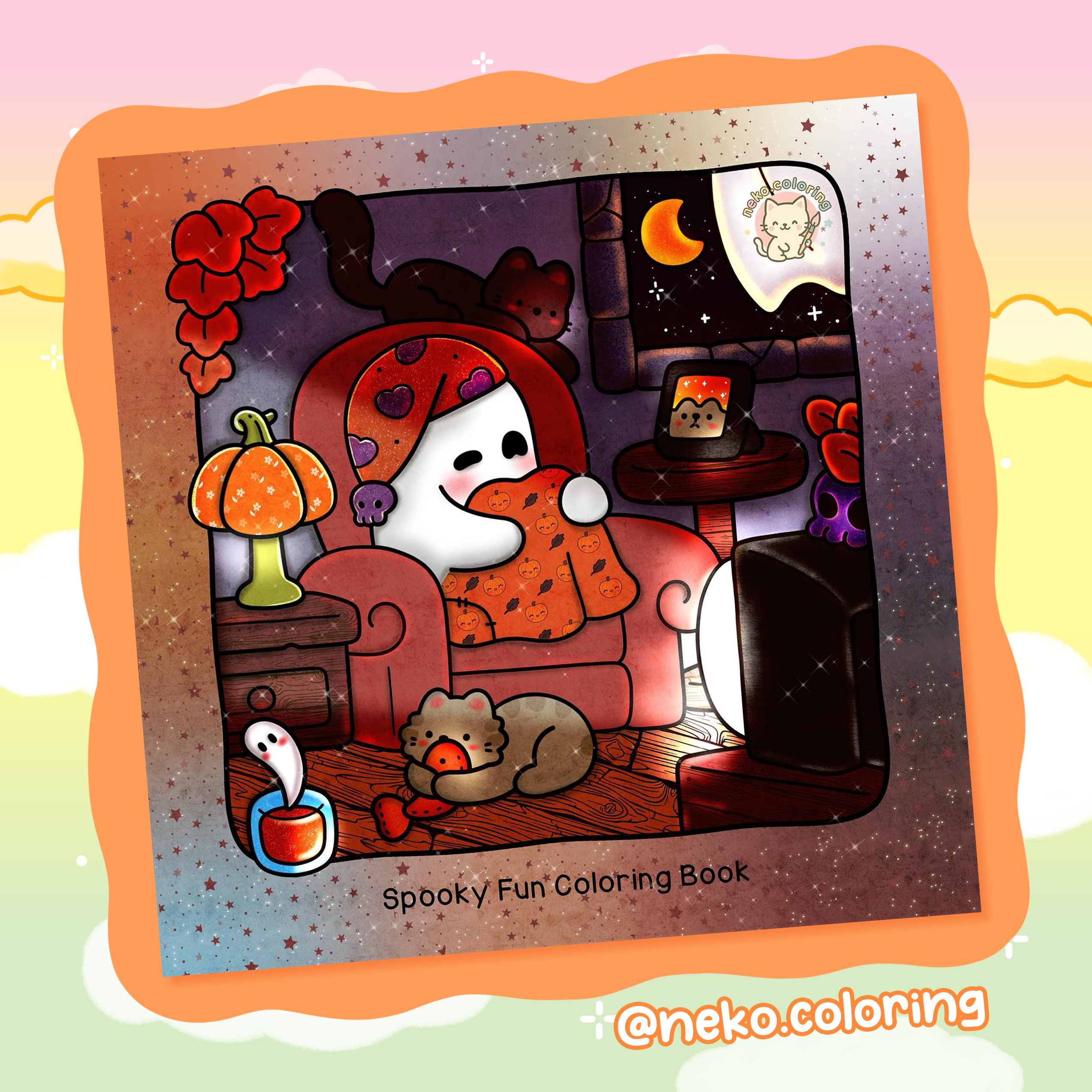 Spooky couch scene with ghost and pumpkin by @neko.coloring