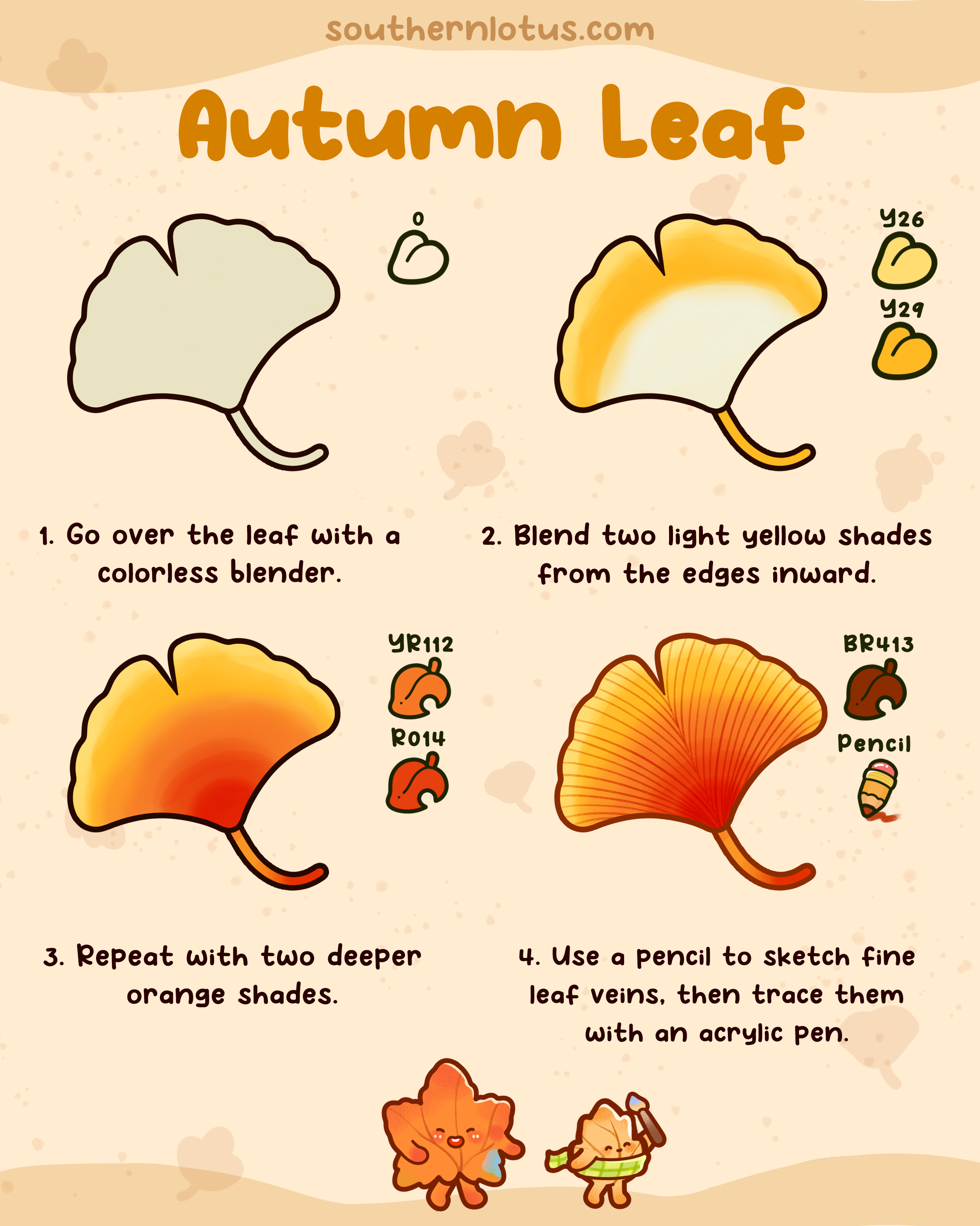 Autumn leaf coloring tutorial with yellow and orange alcohol markers