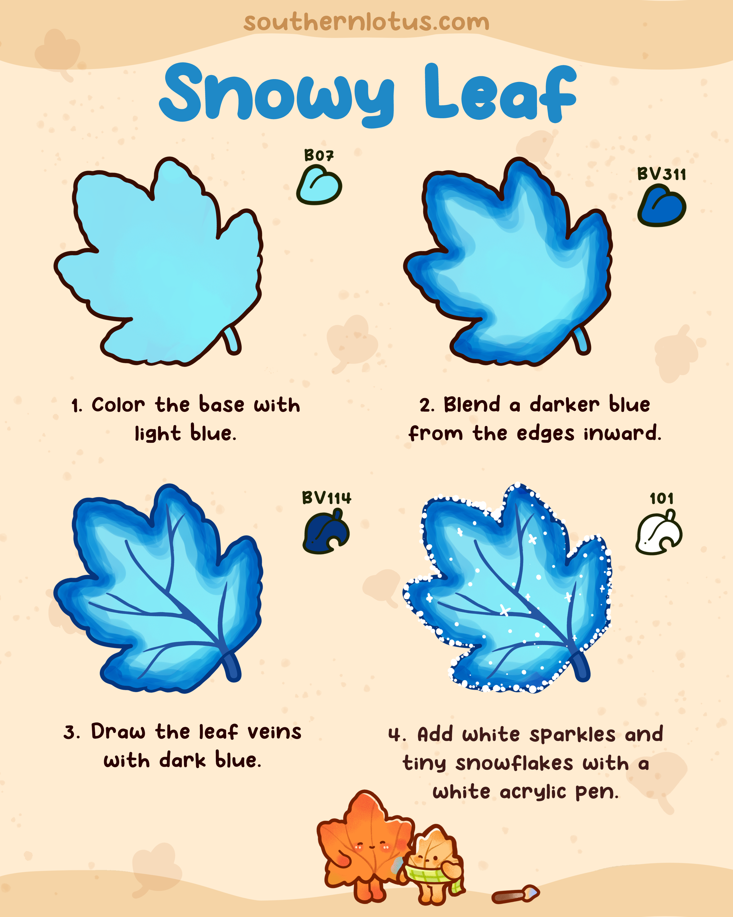 Snowy leaf coloring tutorial with blue alcohol markers and white snowflake details