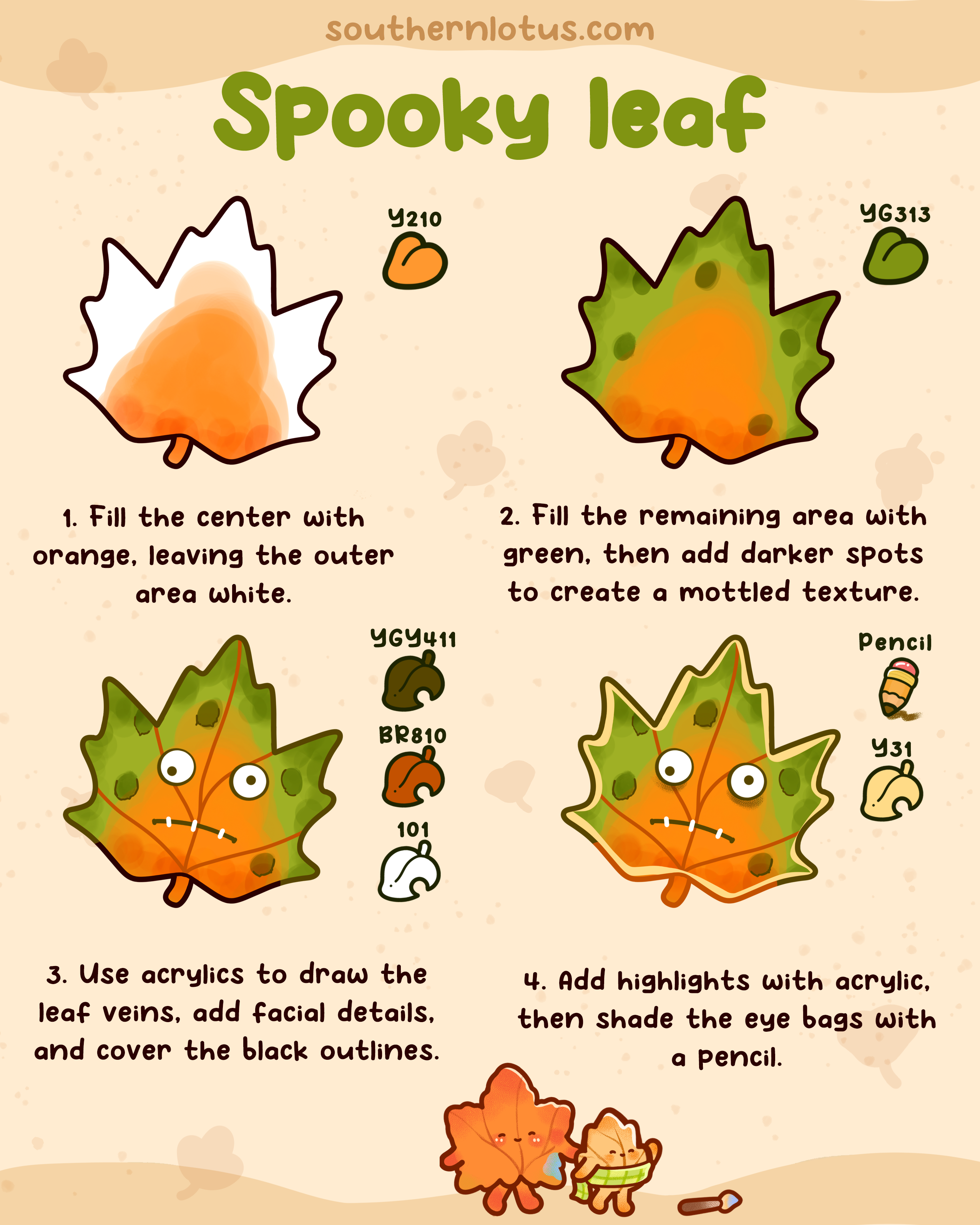 Cute spooky leaf coloring tutorial with orange green and Halloween-inspired details