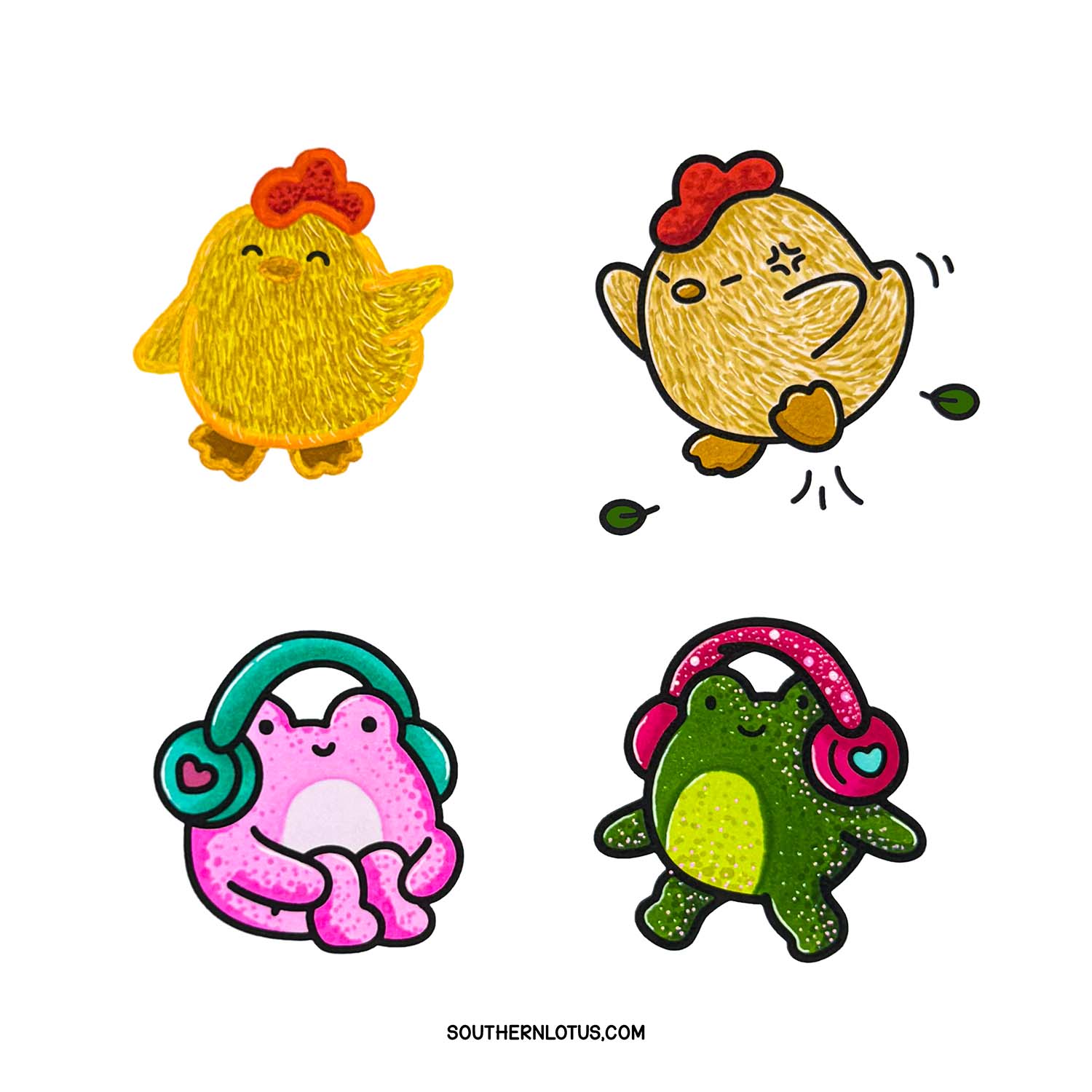 Funny frogs with headphones