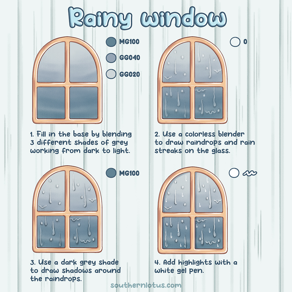 Rainy window coloring tutorial with grey alcohol markers