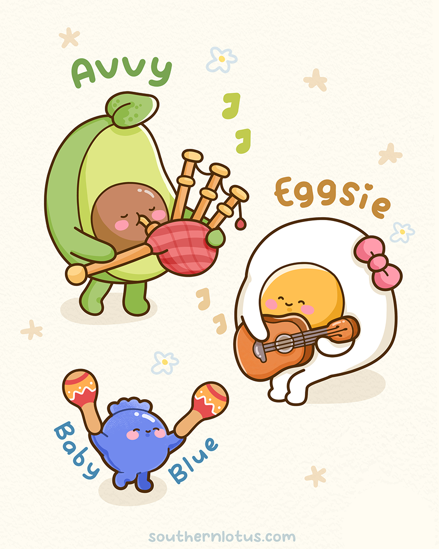 Avvy Eggsie and Baby Blue cute breakfast coloring characters