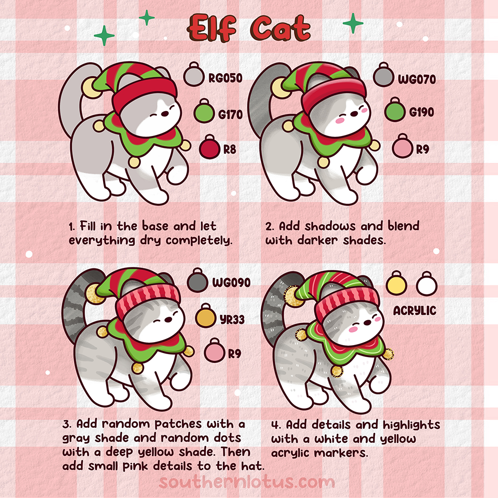 Elf Cat coloring tutorial with red and green elf outfit