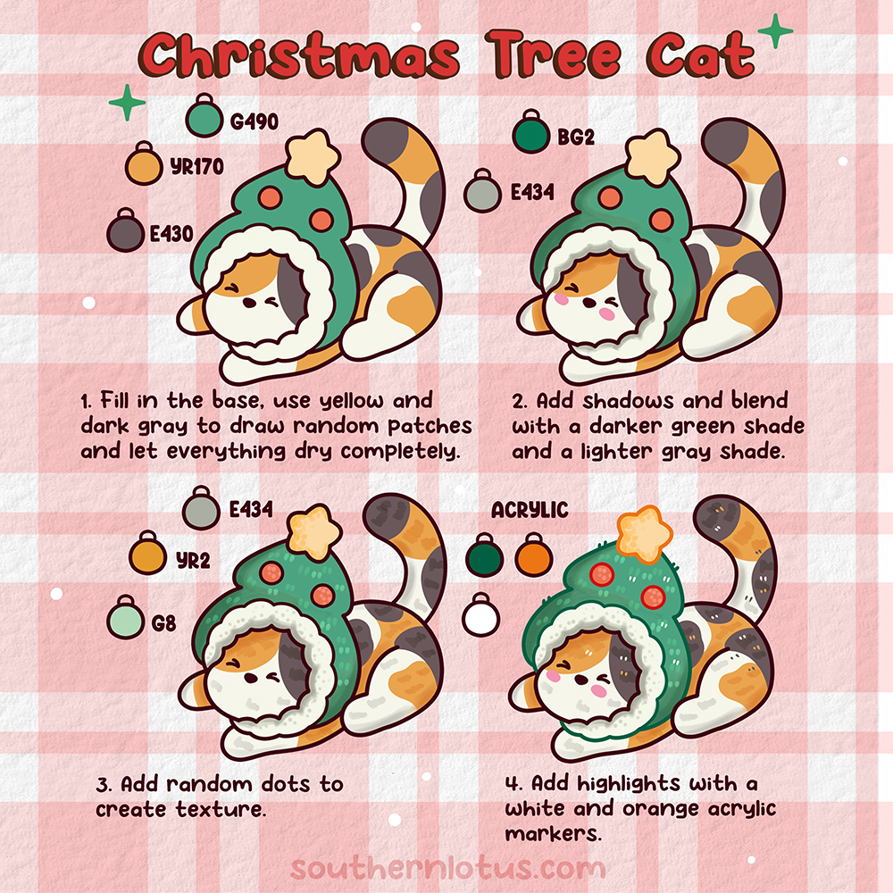 Christmas Tree Cat coloring tutorial with green hood and calico fur