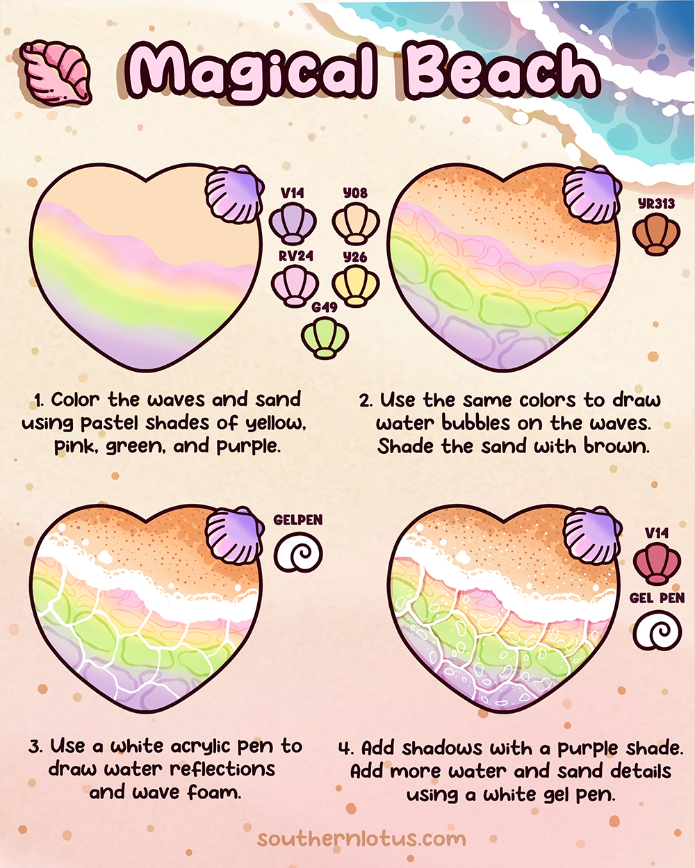 Magical beach coloring style with pastel waves and dreamy seaside mood