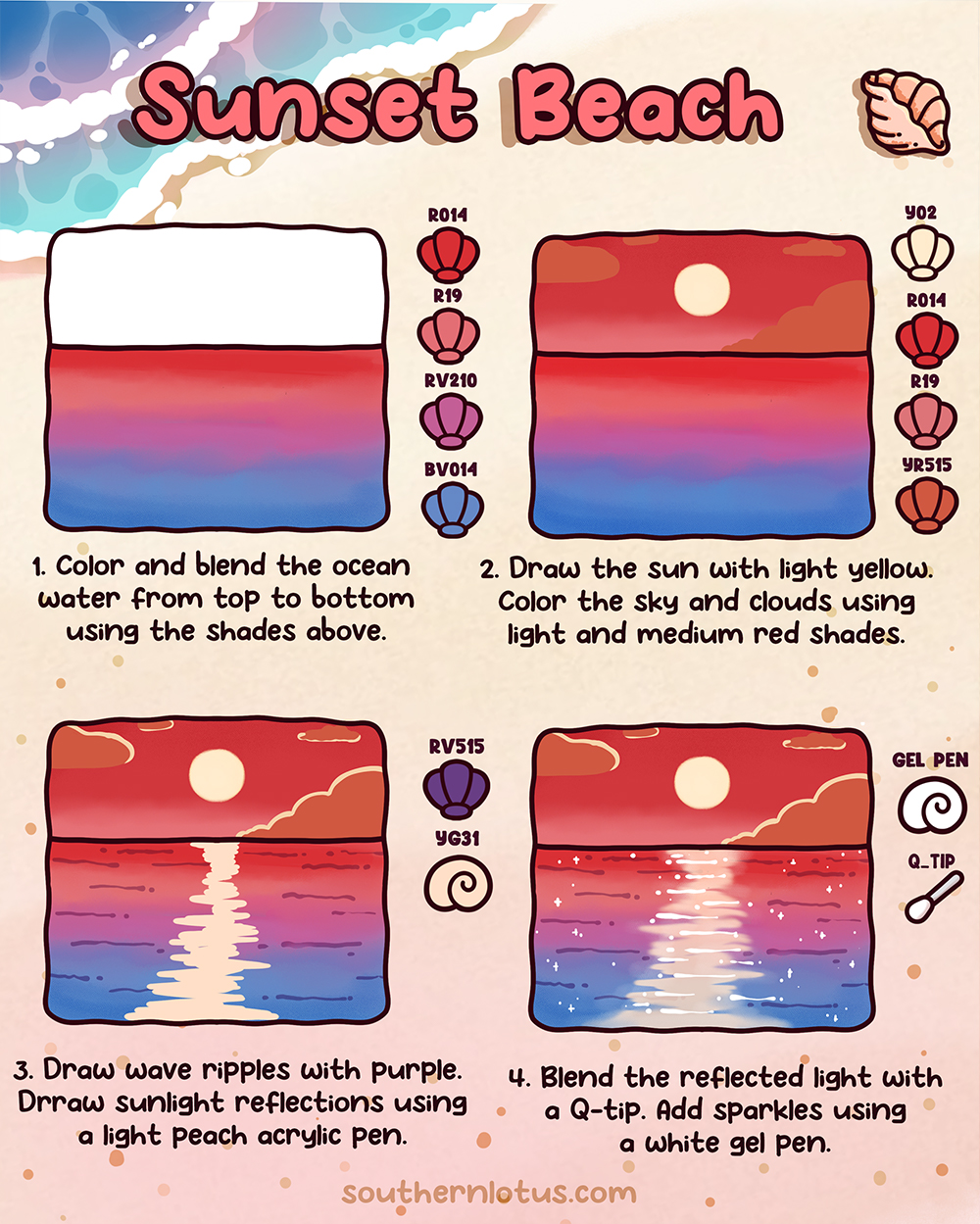 Sunset beach coloring style with warm sky glow and ocean gradient blending