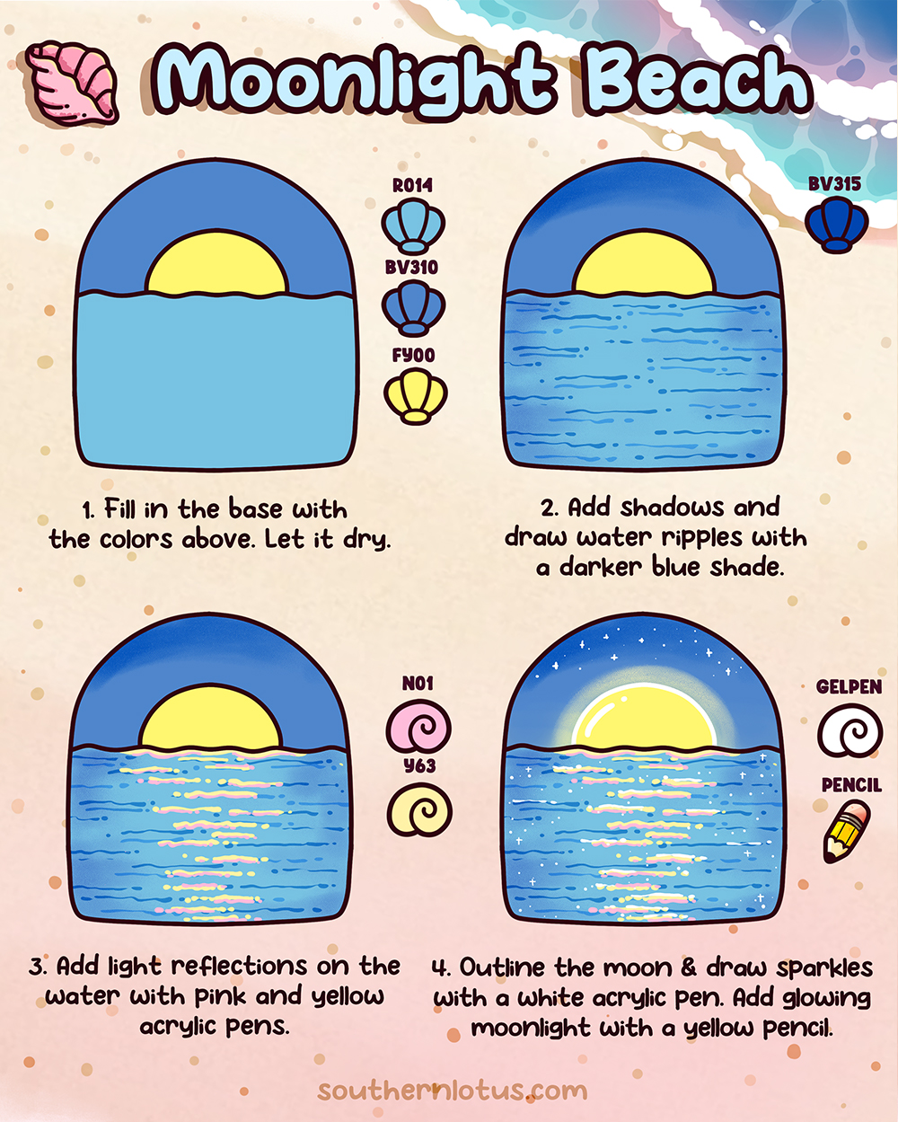 Moonlight beach coloring style with cool tones, moon glow, and calm ocean reflections