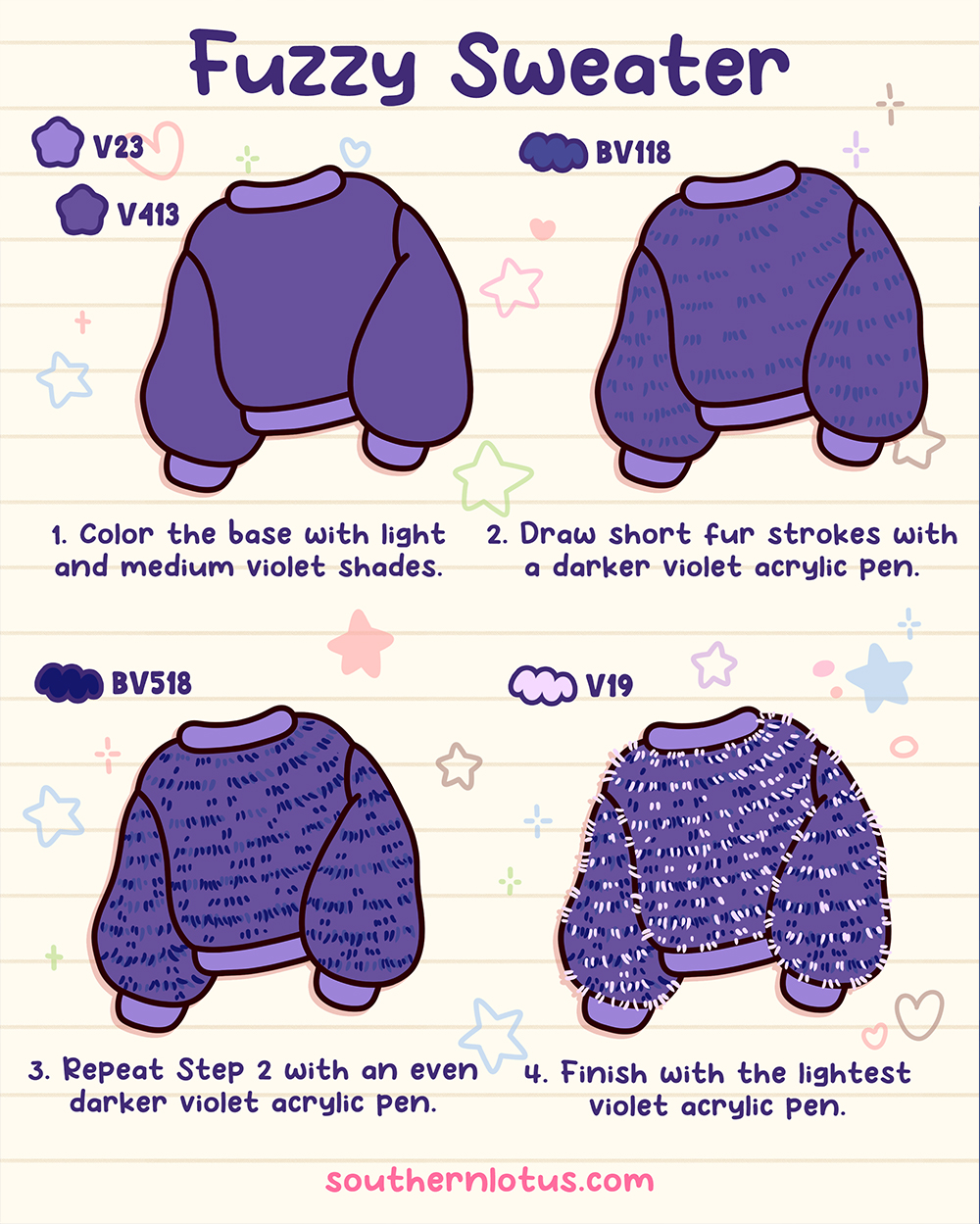 Fuzzy sweater fabric coloring style with cozy layered strokes