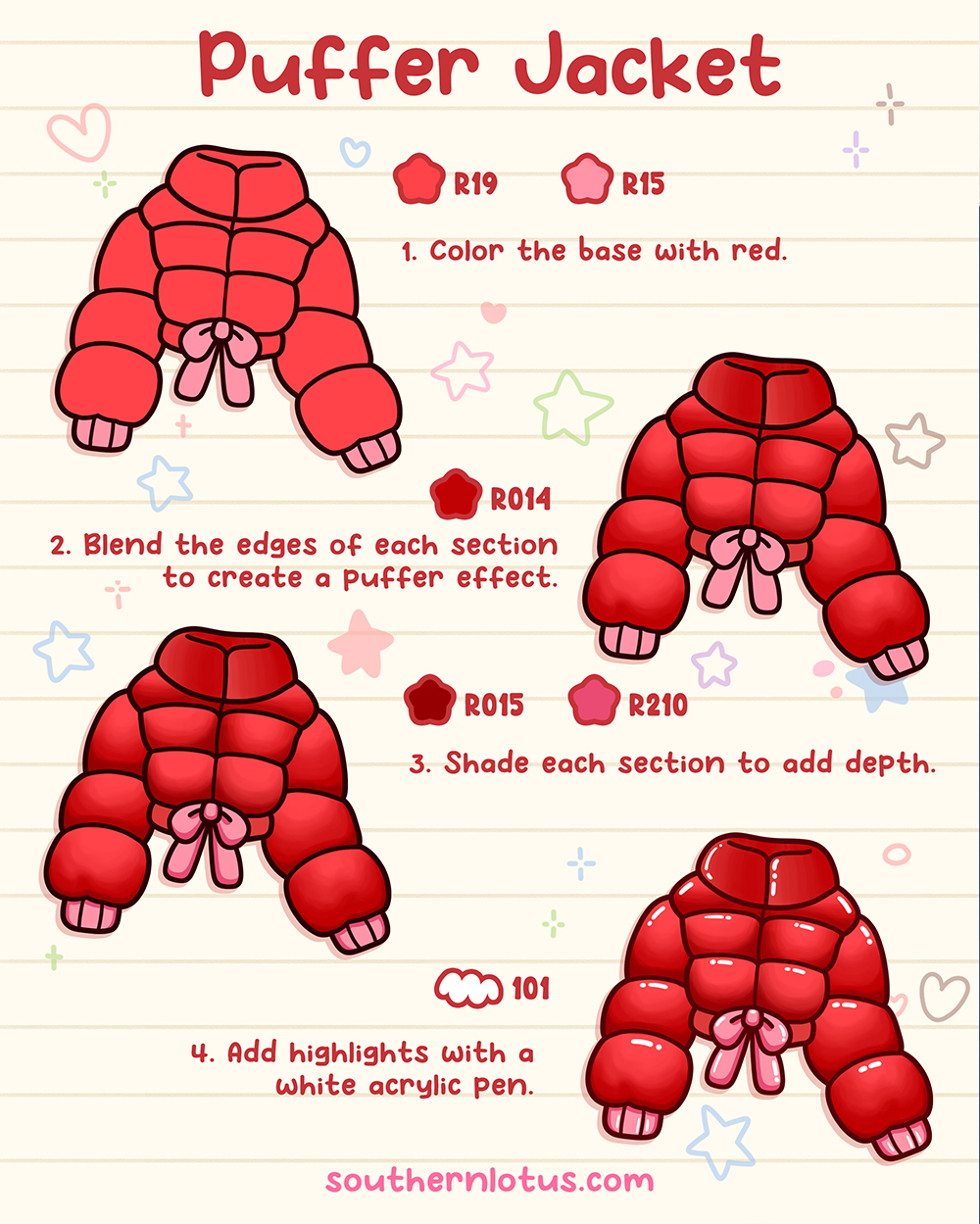 Puffer jacket fabric coloring style with rounded sections and shiny highlights