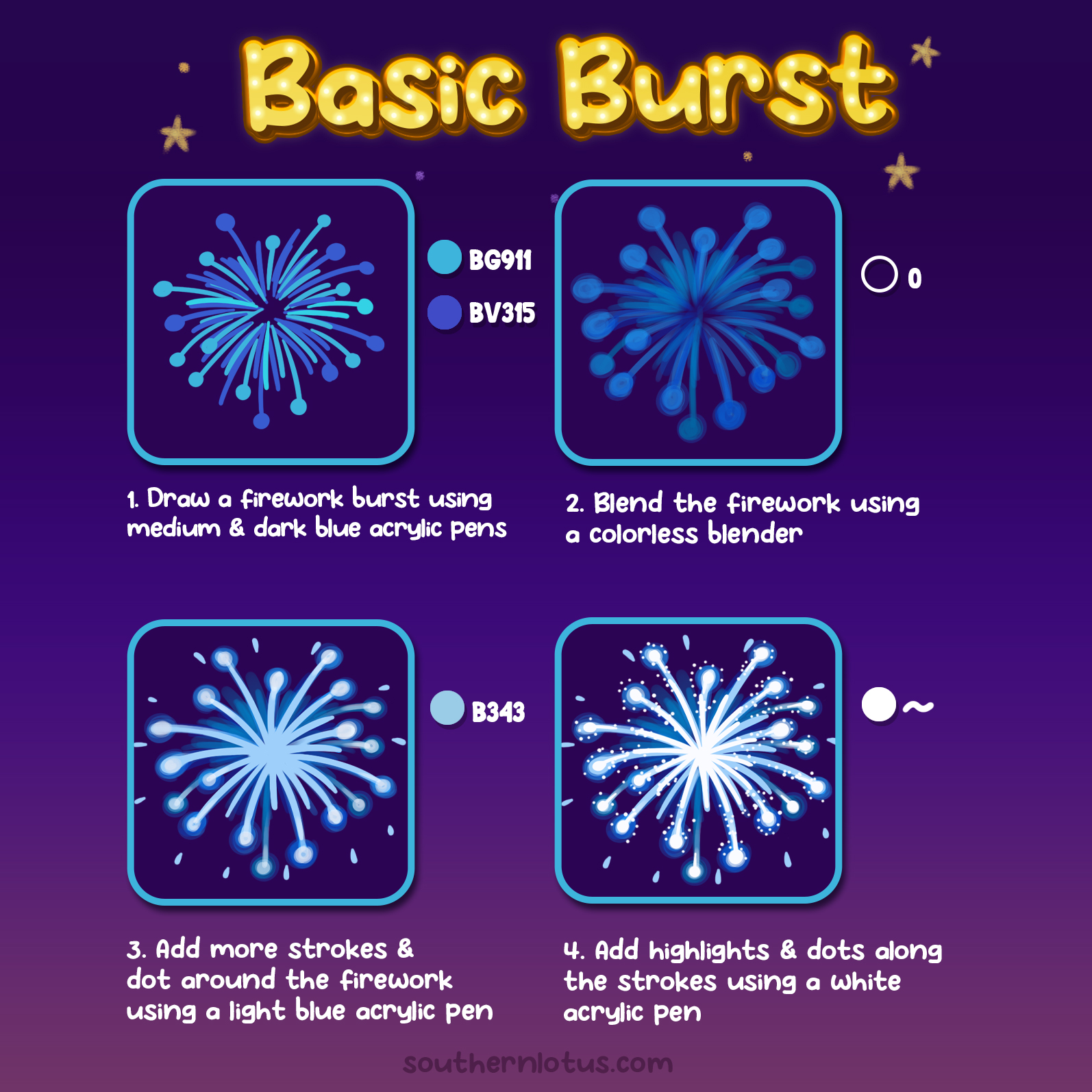 Basic burst firework tutorial using acrylic markers for kawaii night sky coloring pages