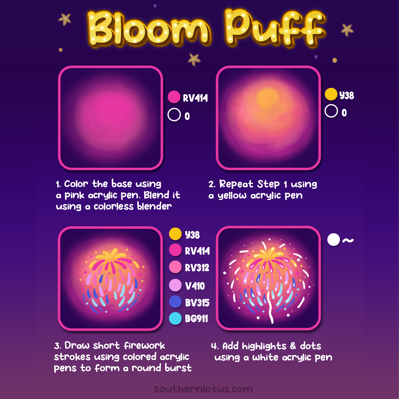 Bloom puff firework tutorial for kawaii night sky coloring pages using acrylic markers
