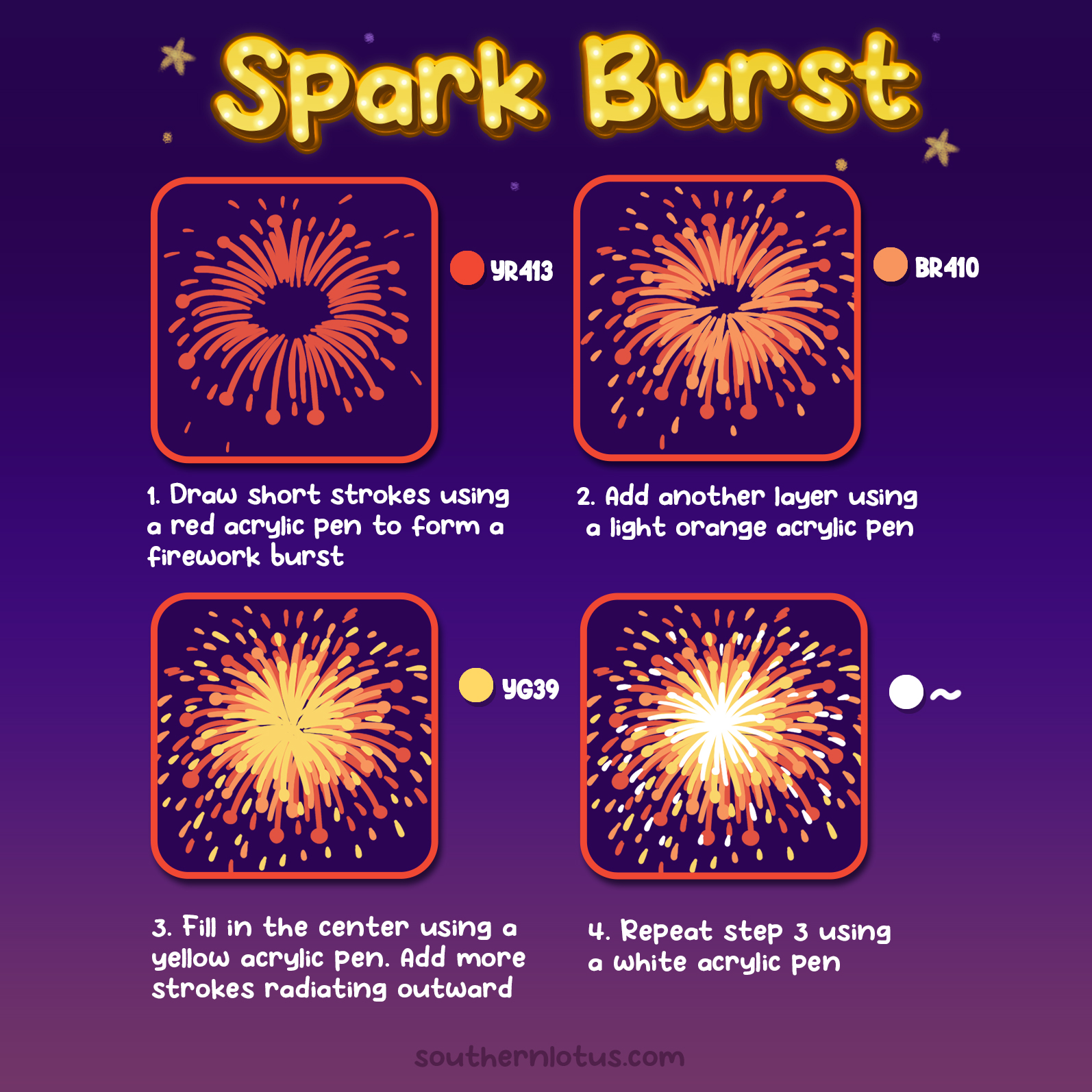 Spark burst firework tutorial using acrylic markers for night sky coloring pages