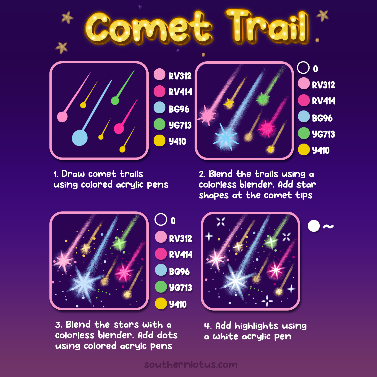Comet trail firework tutorial using acrylic markers for kawaii night sky coloring pages
