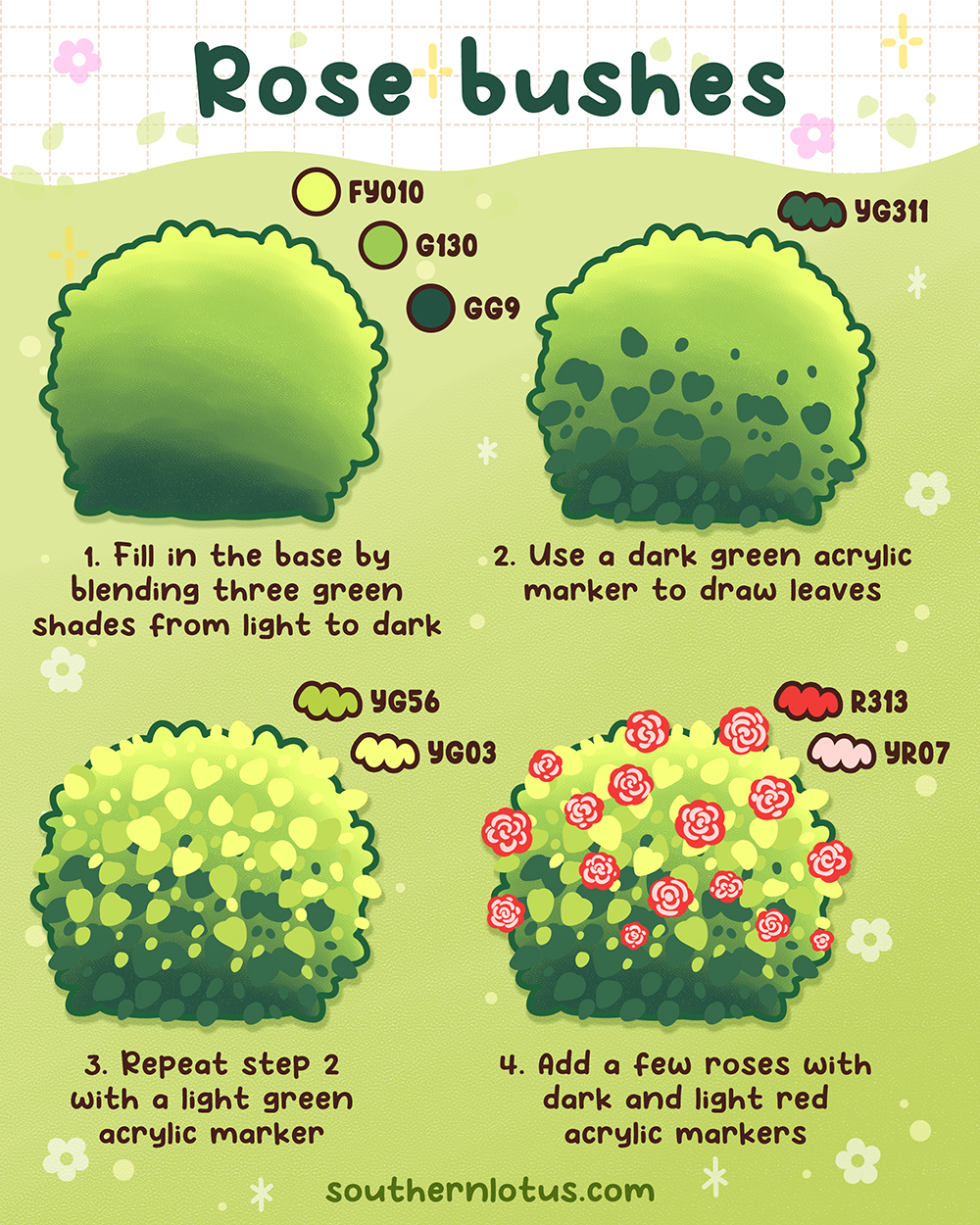 Rose bushes in layered green tones