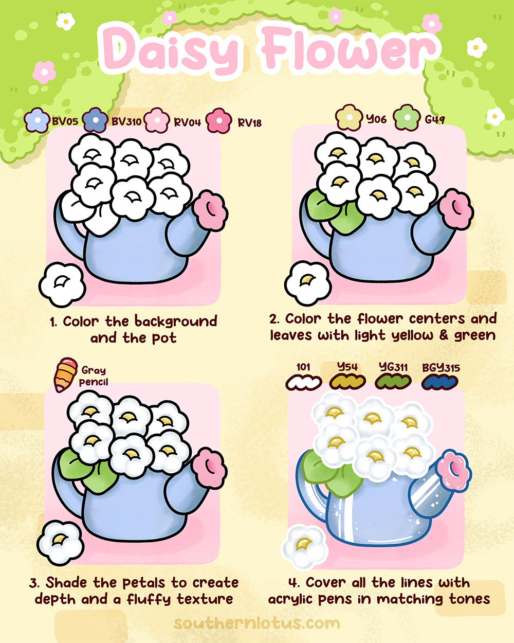 Daisy flower coloring tutorial with Ohuhu markers