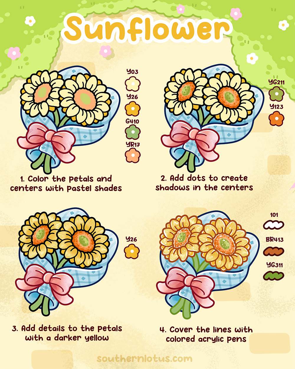 Sunflower coloring tutorial with Ohuhu markers