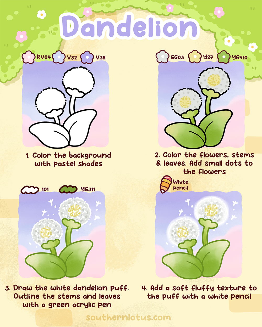 Dandelion coloring tutorial with Ohuhu markers