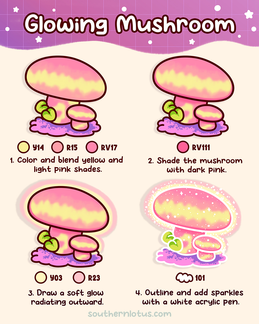 Glowing pastel mushroom coloring page tutorial