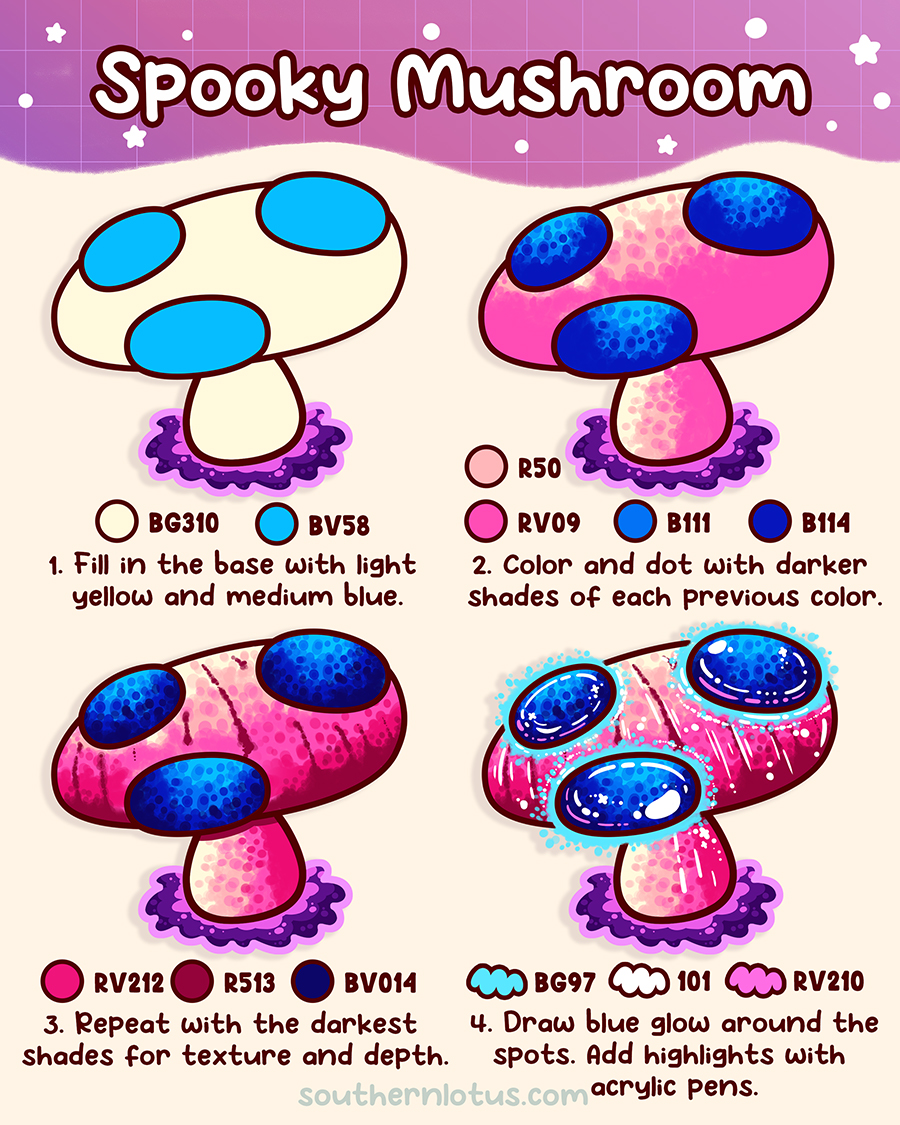 Spooky mushroom coloring with blue glow effect using Ohuhu markers