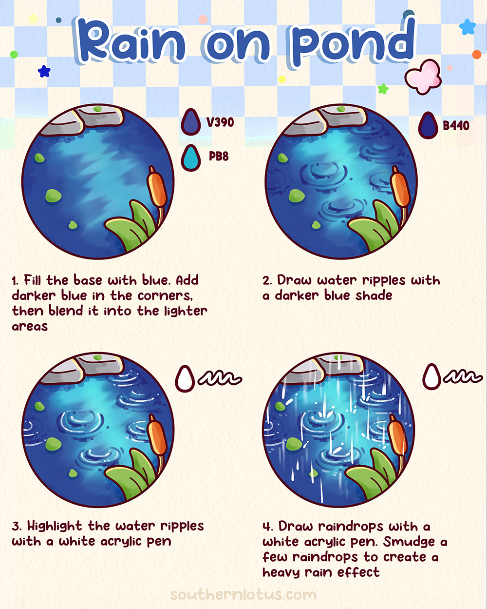 Rain on pond style with ripples and soft raindrops