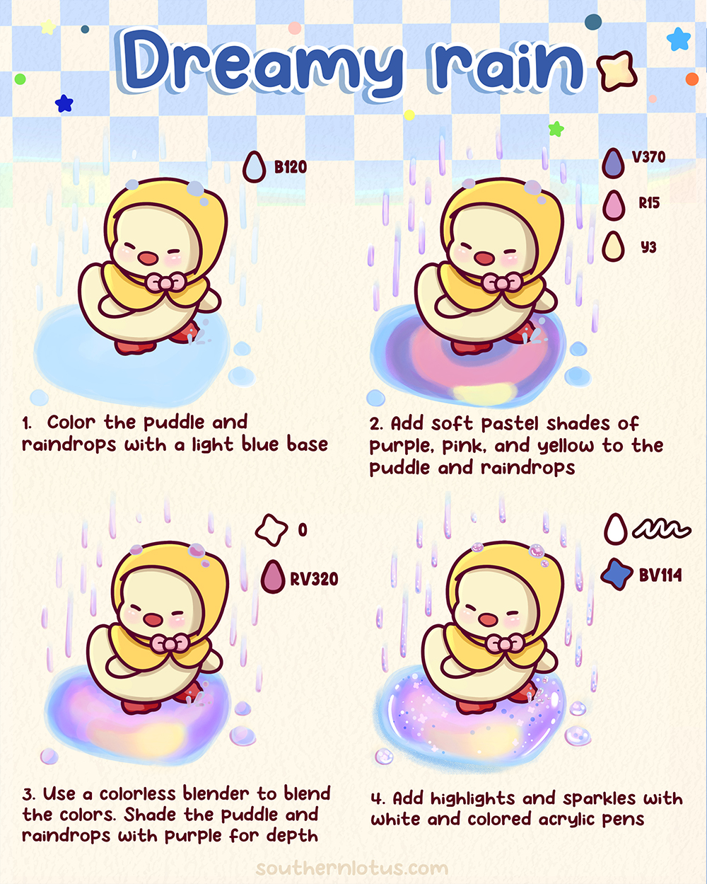 Dreamy rain style with soft pastel colors and sparkly highlights