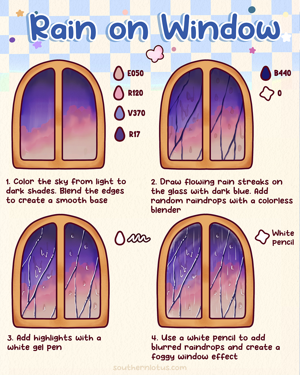 Rain on window style with streaks, blurred drops, and misty highlights