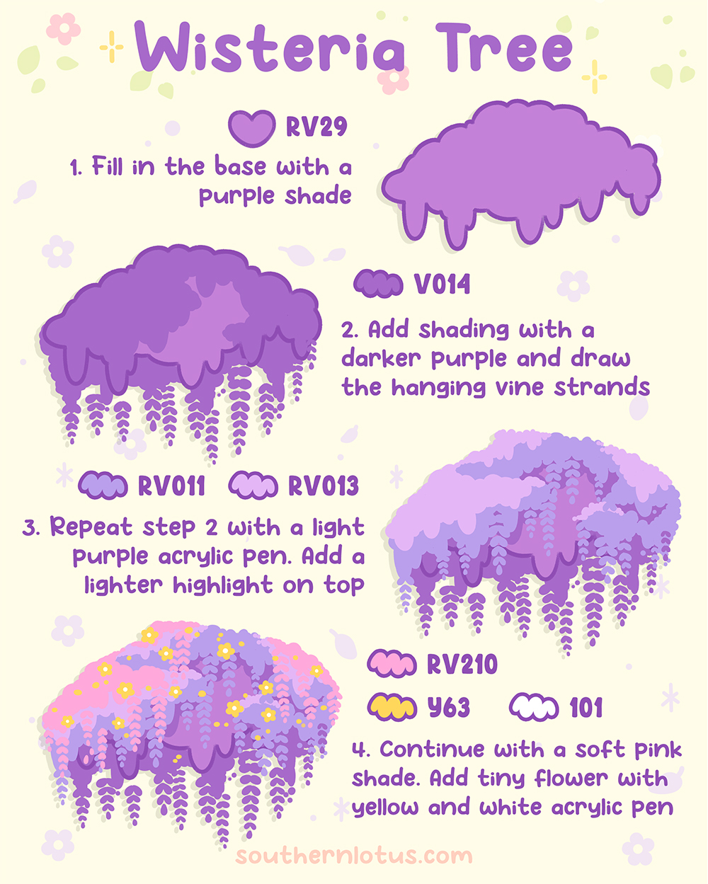 Wisteria tree style with hanging vines and soft blossoms