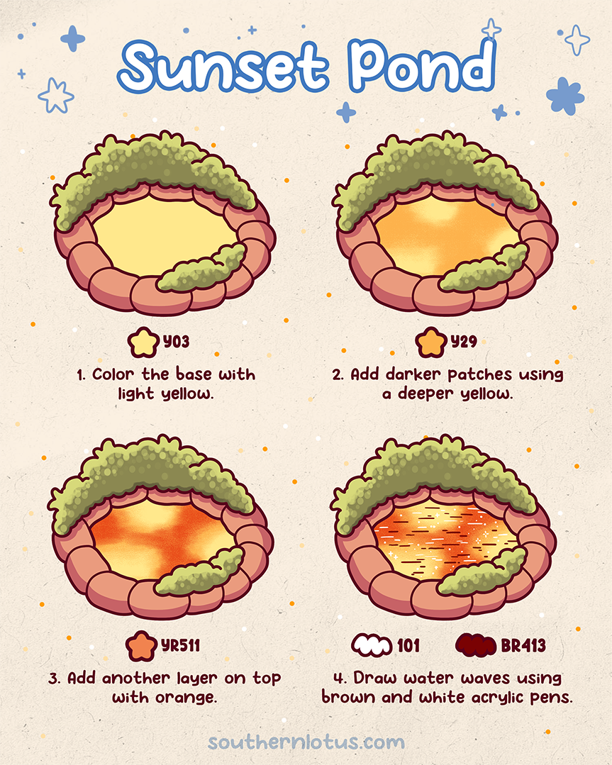 sunset pond water coloring tutorial warm tones