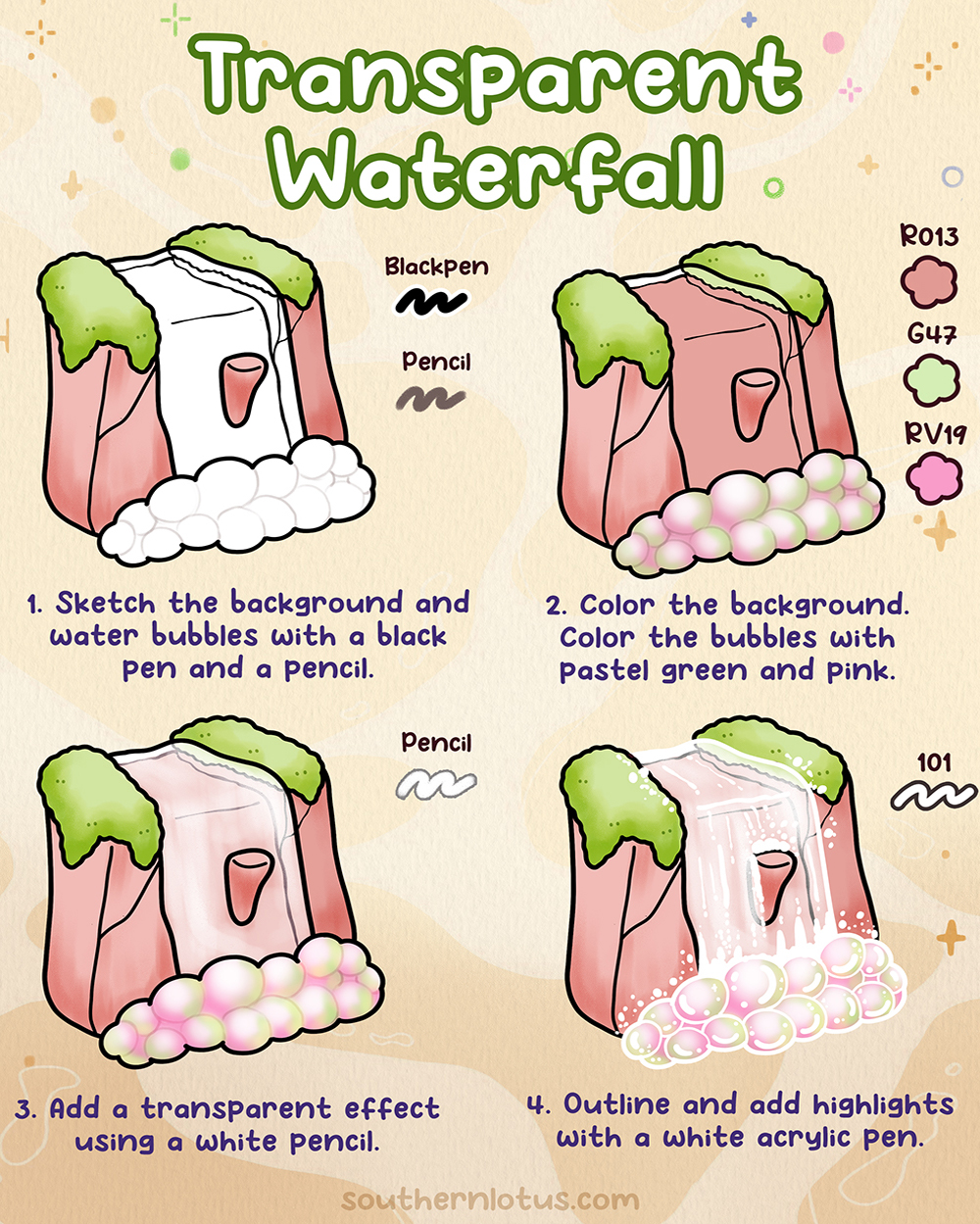 Transparent waterfall coloring tutorial with soft layered effect